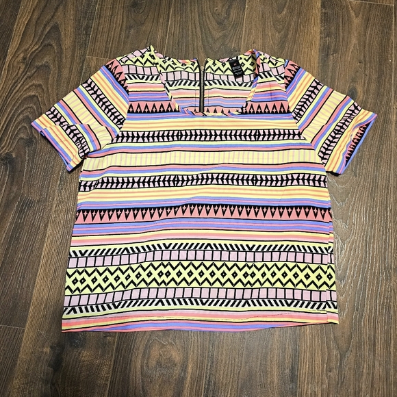 Neon color hot pink fushia lime green multicolored crazy fun pattern blouse - Picture 3 of 8